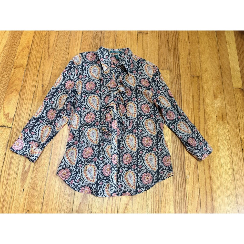 VTG Lauren Ralph Lauren Shirt Womens Large Floral Ruffle Career Old Money Office